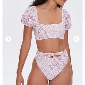 Pink animal print Bikini with High-Waisted Bottoms and Puffed Sleeves